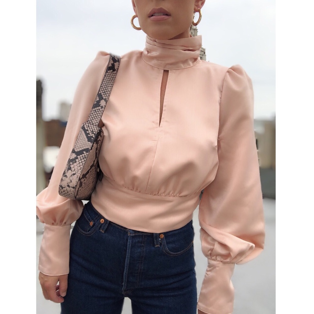 Kelis Satin High Neck Puff Sleeve Blouse - Peach - Picture 2 of 8